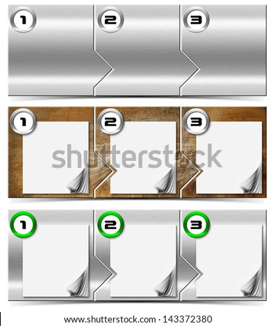 Next Step - Set of Metallic Headers / Three horizontal metallic banners or headers with three steps box and numbering