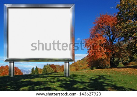 Big Chrome Billboard in the Mountain / Realistic advertising gray chrome billboard in mountain landscape with big trees