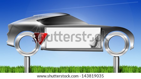 Car Metal Billboard with Red Arrow / Metallic billboard car-shaped with empty billboard, red arrow on blue sky and grass