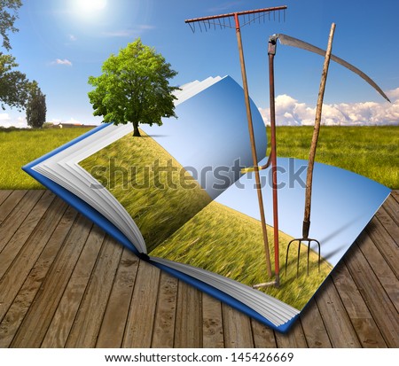 Farming Book / Open book with agricultural landscape and rake, scythe and pitchfork