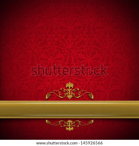 Luxury Floral Red and Gold Velvet Background / Template of aged red velvet and texture with ornate floral seamless and golden plaque