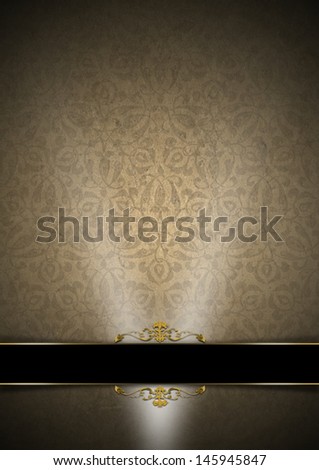 Luxury Floral Black, Brown and Gold Background / Template of aged brown texture with ornate floral seamless and black and golden plaque