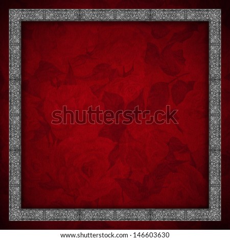 Red Velvet Background - Roses Flowers / Red velvet texture background with roses flowers and silver floral frame