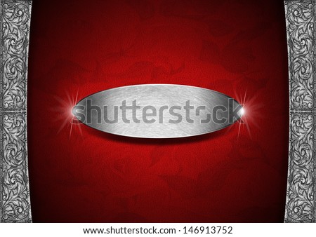 Red and Silver Floral Background with Metal Plate / Red texture with ornate floral roses with metal plate and floral silver frame