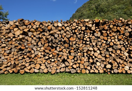 Pile of Chopped Firewood on Blue Sky / Dry chopped firewood logs in a pile on blue sky