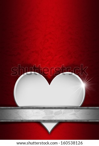 Romantic Floral Red and Silver Background / Stylized white heart on red texture with ornate floral seamless and floral plaque with silver frame