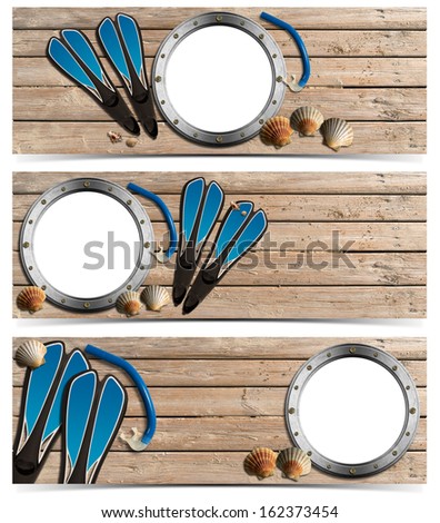 Three Beach Holidays Banners - N2 / Set of three beach holidays banners with metal empty porthole, seashells, flippers and snorkel diving on wooden floor with sand