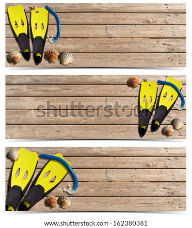 Three Beach Holidays Banners - N4 / Set of three beach holidays banners with seashells, yellow flippers and blue snorkel diving on wooden floor with sand