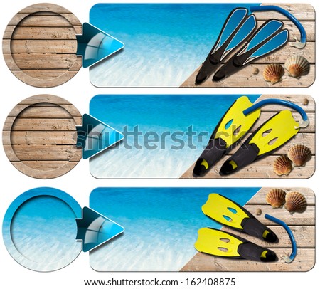 Three Sea Holiday Banners - N3 / Sea holiday banners with blue water, wooden floor with sand, flippers and blue snorkel diving, seashells and blue arrow