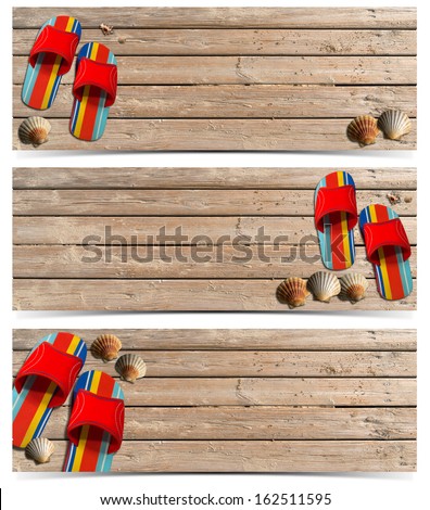 Three Beach Holidays Banners - N5 / Set of three beach holidays banners with seashells and colored sandals on wooden floor with sand