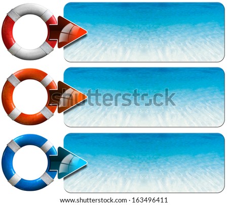 Three Sea Holiday Banners - N5 / Set of three sea holiday banners with blue water of the sea, lifebuoy and arrow