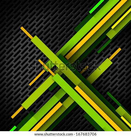 Diagonal Overlapped Stripes - Metal Grid / Diagonal stripes, yellow, orange and green on dark metallic grid with shadows