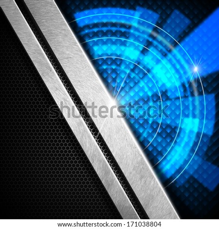 Abstract business science or technology background / Blue, black and metal abstract background, with sparkles, bright areas and hexagon grid texture
