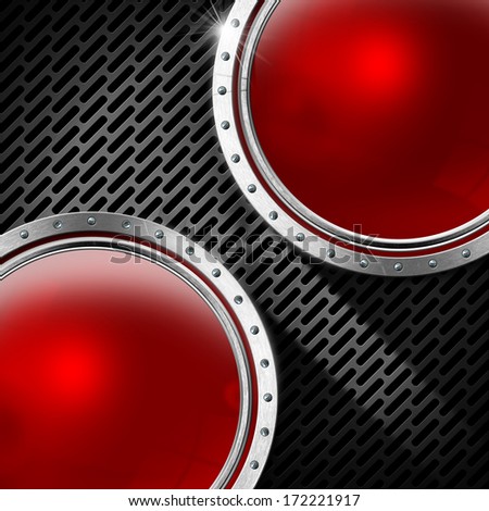 Red and Metal Abstract Background / Double metal portholes with screws on dark background with metal grid