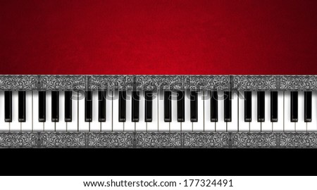 Music Vintage Business Card / Piano keyboard on black and red velvet background and horizontal silver bands - business card music
