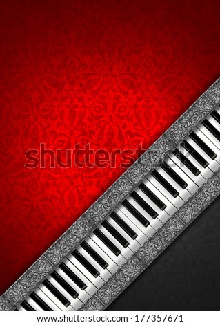 Piano keyboard on grey and red velvet background with ornate floral seamless and diagonal silver bands