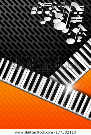 Music Background with Piano Keys / Orange, red and black background with metallic grid, musical notes and piano keyboard