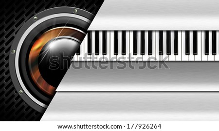 Music Metal Business Card / Background with dark grid, woofer, metal stripes and piano keyboard - business card music