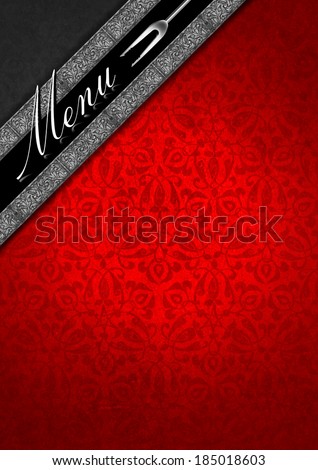Menu Template - Silver and Red Velvet / Gray and red velvet and texture with ornate floral seamless and diagonal silver floral bands, template for a elegant menu