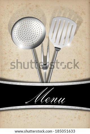 Menu Template - Old Paper and Metal / Yellowed old paper with horizontal metal bands and kitchen utensils, template for a elegant menu
