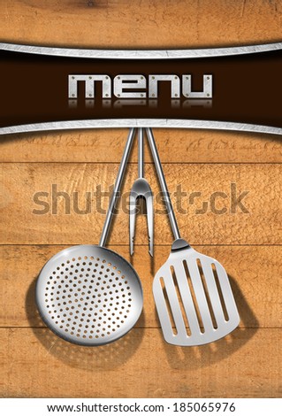 Menu Template - Wood and Metal / Wooden damaged boards with horizontal metal bands and kitchen utensils, template for a rustic menu