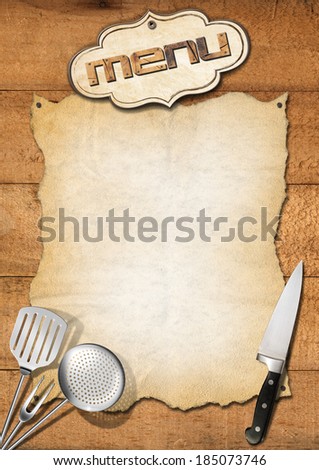 Rustic Menu Template / Wooden boards with empty parchment and kitchen utensils, template for a rustic menu