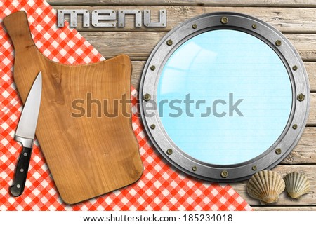 Seafood - Menu Template / Wooden cutting board, empty metal porthole and kitchen knife, template for recipes or seafood menu