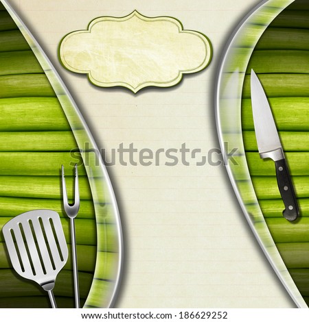 Vegan Menu Template / Background with green vegetables, kitchen utensils, metal waves and empty label, template for recipes or Vegan Menu