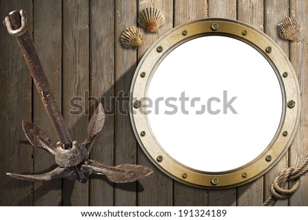Anchor and Porthole on Wooden Wall / Metal empty porthole with seashells and old rusty anchor on a wooden floor with sand