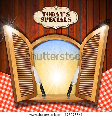 Today\'s Specials - Menu on Wooden Window / Wooden window with open shutters, empty parchment, two kitchen knives and label with \