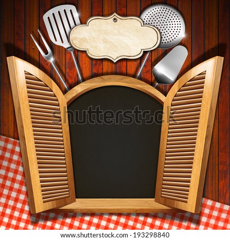 Restaurant Menu on Wooden Window / Wooden window (inside black) with open shutters, kitchen utensils and empty label on wooden wall with red and white tablecloth