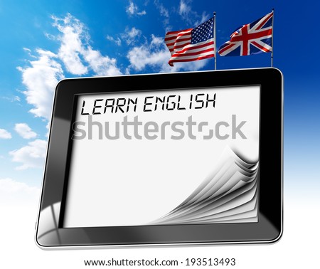 Learn English - Tablet Computer / Black tablet computer with pages and phrase \