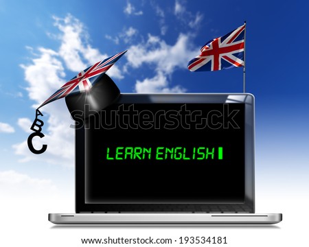 Learn English - Laptop Computer / Modern laptop with black screen, graduation hat and phrase \