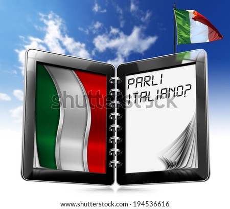 Parli Italiano? - Tablet Computer / Black tablet computer with two pages and phrase \