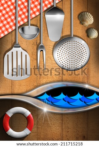 Seafood - Menu Template / Wooden and metallic background with stylized waves, tablecloth, kitchen utensils, seashells and lifebuoy. Template for sea menu