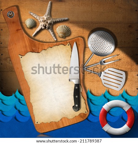 Seafood - Menu Template / Cutting board on a wooden wall with empty parchment, kitchen utensils, lifebuoy, stylized waves, seashells and starfish. Template for seafood menu