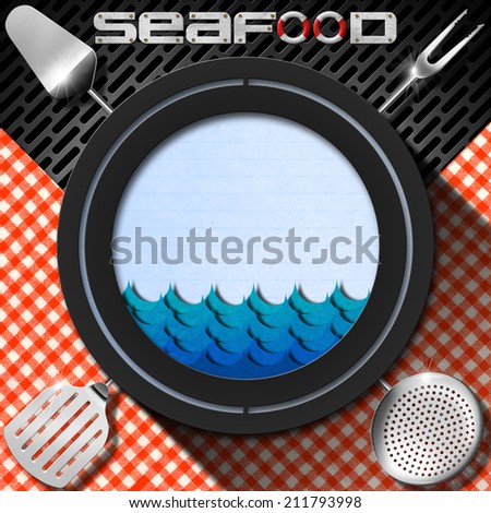 Seafood - Menu Template / Gray circle with a blank sheet of paper, kitchen utensils, stylized waves, metallic grid and tablecloth. Template for seafood menu