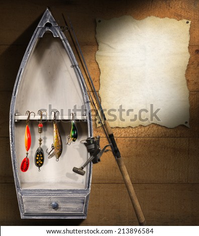 Fishing Tackle - Small Boat / Brown wooden wall with a small boat, fishing tackle and empty parchment
