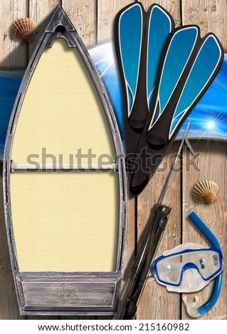 Spearfishing - Small Wooden Rowing Boat / Small wooden row boat with empty yellow paper inside on wooden wall with equipment for spearfishing, seashells and blue waves