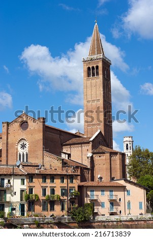 Church of Santa Anastasia - Verona Italy / The church of St. Anastasia (1290-1471) on blue sky with clouds in Verona (UNESCO world heritage site), veneto, Italy