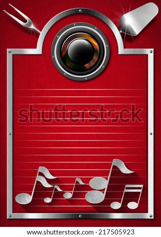 Music and Food - Menu Design / Metallic and red velvet background with kitchen utensils, musical notes and woofer. Template for food menu and a musical event