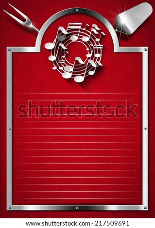Music and Food - Menu Design / Metallic and red velvet background with kitchen utensils and white musical notes. Template for food menu and a musical event