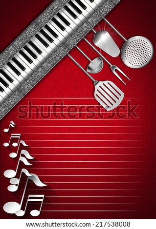 Music and Food - Menu Design / Red velvet background with kitchen utensils, diagonal silver bands, musical notes and piano keyboard. Template for food menu and a musical event