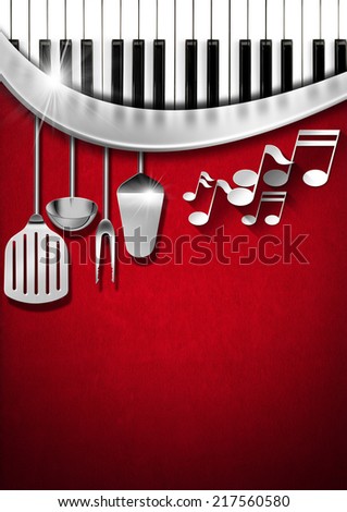 Music and Food - Menu Design / Red velvet background with kitchen utensils, musical notes and piano keyboard. Template for food menu and a musical event