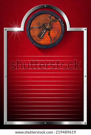 Wine List Design / Metallic and red velvet background with old wooden barrel and corkscrew. Template for wine list or menu
