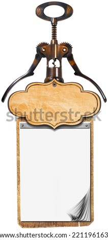 Wine List Design / Notebook for a wine list or menu on used wooden cutting board with old corkscrew and empty label, isolated on white background