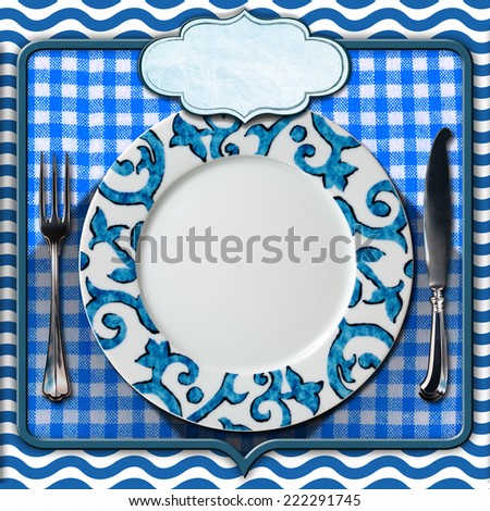 Table Arrangement for Seafood Menu / Abstract background with waves, empty plate with cutlery, blue and white checkered tablecloth and empty label. Table set for a seafood menu