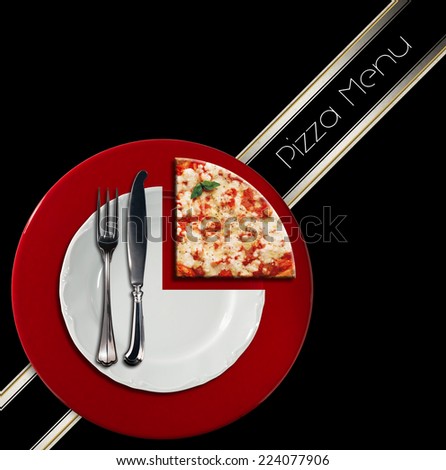 Pizza Menu Design / Pizzeria menu with white plate on red underplate with cutlery and slice of pizza, on black background with diagonal band