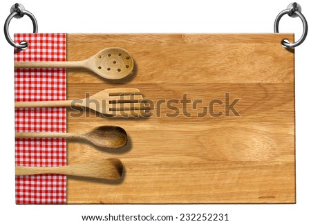 Restaurant Signboard with clipping path / Advertising wooden sign for a restaurant with four wooden kitchen utensils, fork, spoons and ladles on red and white checkered tablecloth.