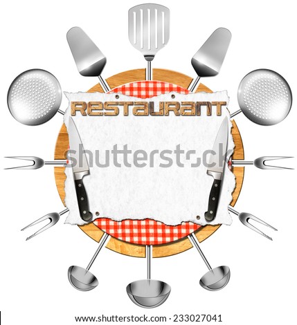 Restaurant Signboard with Kitchen Utensils / Advertising wooden sign isolated on white background for a restaurant with kitchen utensils, white empty sheet of paper and two kitchen knives
